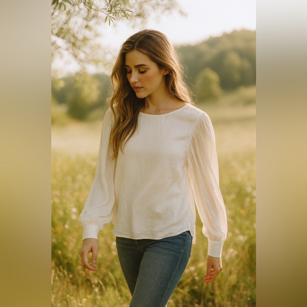 Silky Dolan Anthropologie White Long Sleeve Blouse Top Size Medium Puff Sleeves